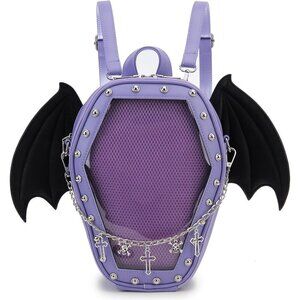 Gothic Coffin Shape Purse Handbag for Women Halloween Shoulder Bag Purple Wings